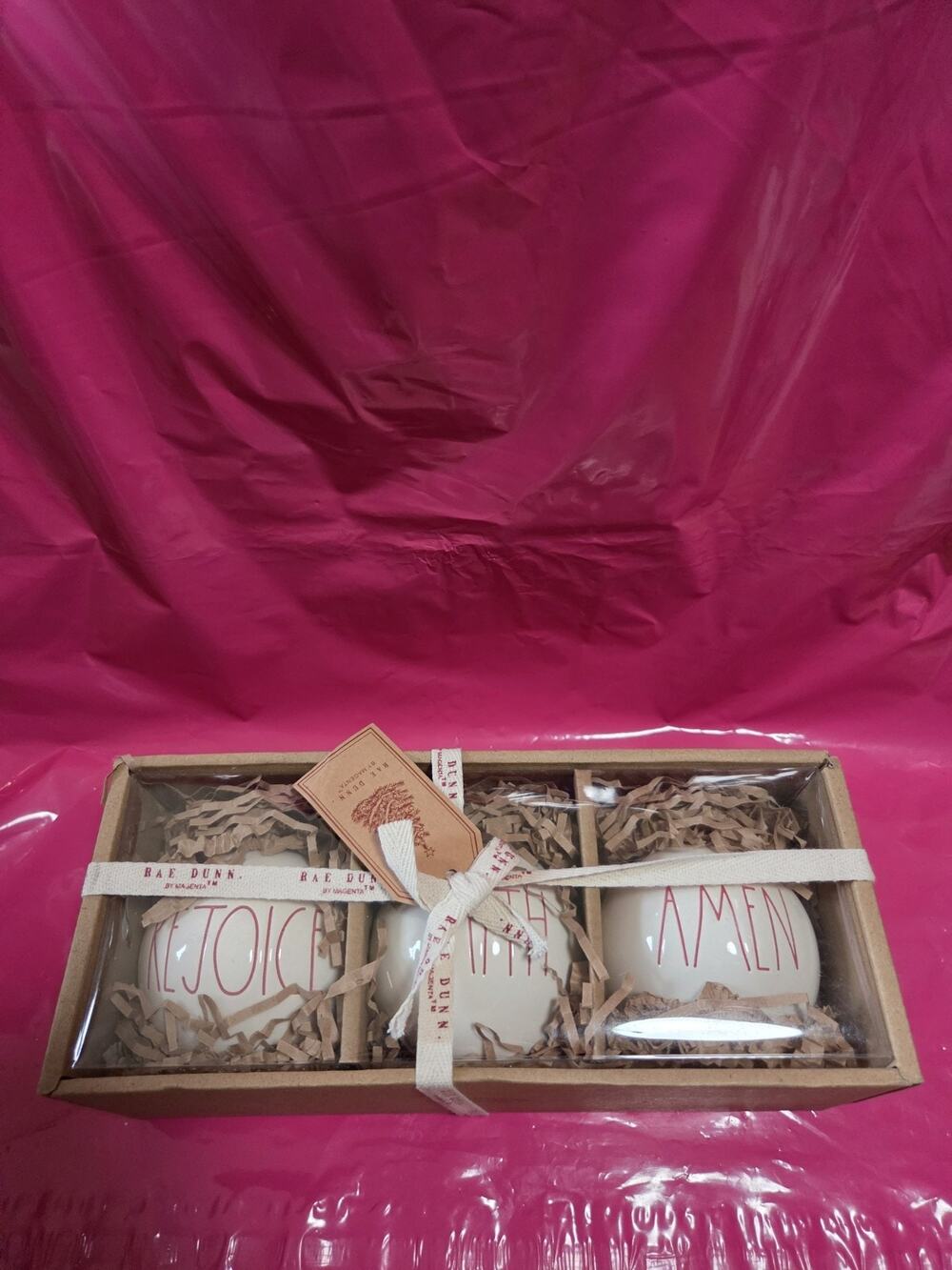 Rae Dunn Ornament REJOICE FAITH AMEN Christmas RED LL Set Of 3 New w/box/tag